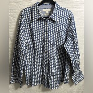 Tommy Hilfiger Button Shirt Women’s Blue White Geometric Pattern Stretch Size 20